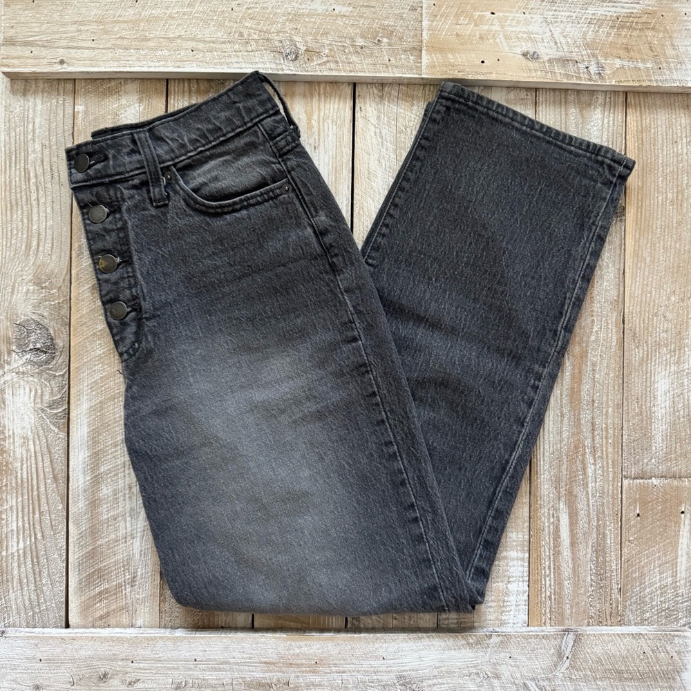 Gray Wash Cotton Denim High-Waisted Button-Fly Vintage Straight Jeans